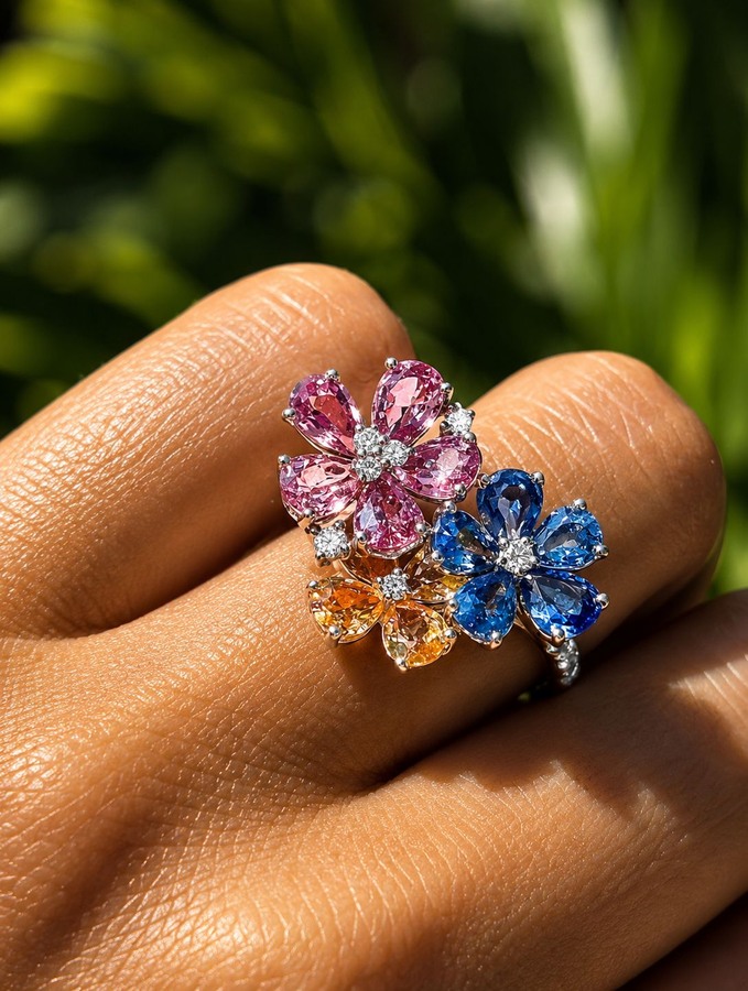 Coloured sapphire flower cocktail ring