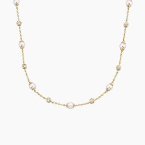 Athena Premium Akoya Cultured Pearl and Diamond Strand Necklace (3/8 ct. tw.) in 14K Yellow Gold