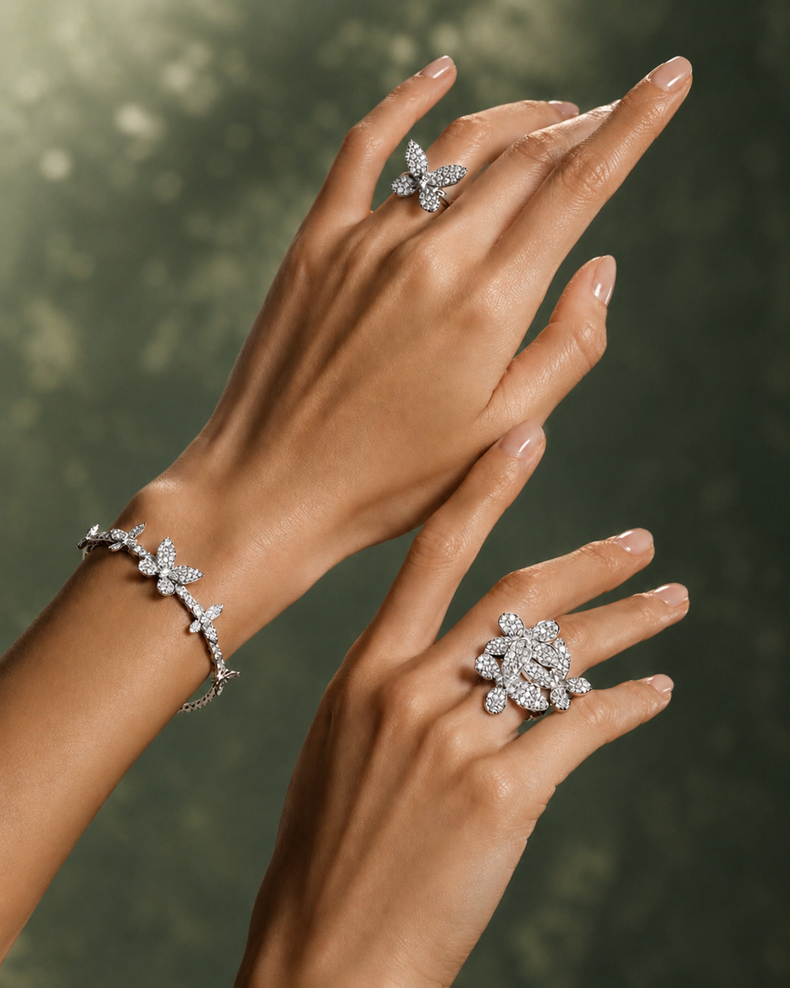 Diamond flower bracelet and cluster rings