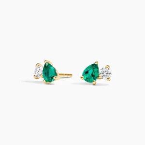 Pear Lab Emerald and Round Lab Diamond Toi et Moi Earrings (1/10 ct. tw.) in 14K Yellow Gold