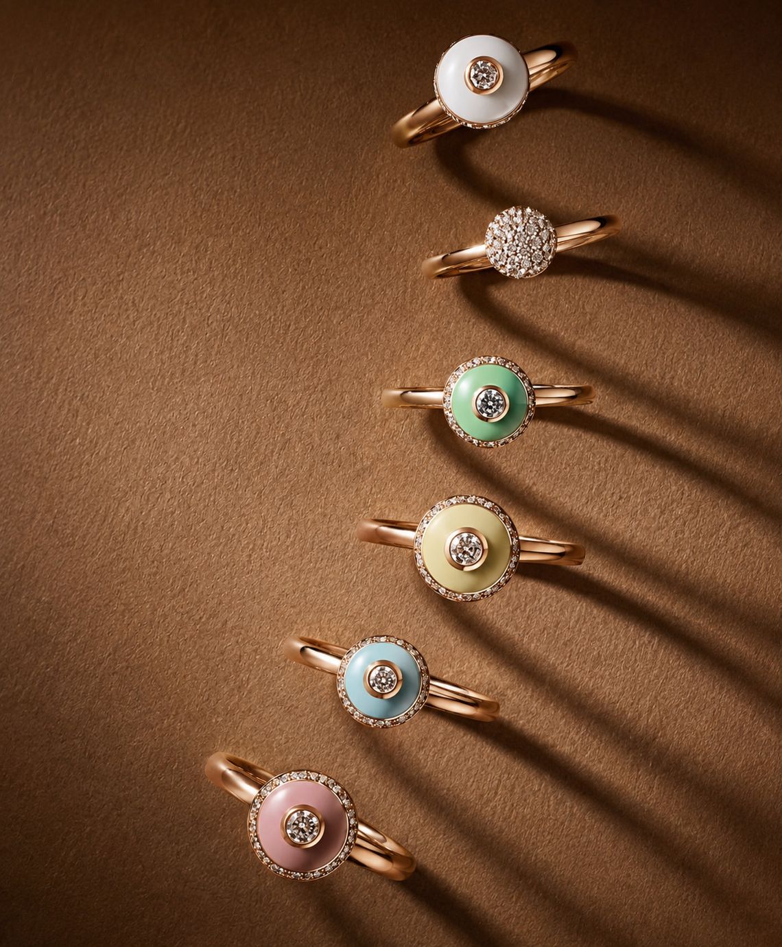 pastel enamel disc rings playful luxury fine jewellery